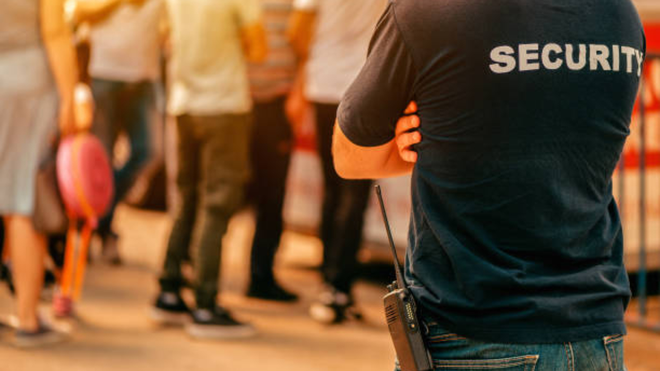Security guard at live festivale event standing in front of the crowd