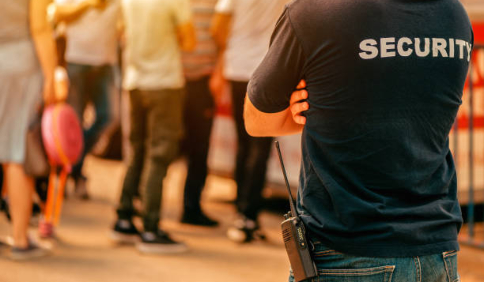 Security guard at live festivale event standing in front of the crowd